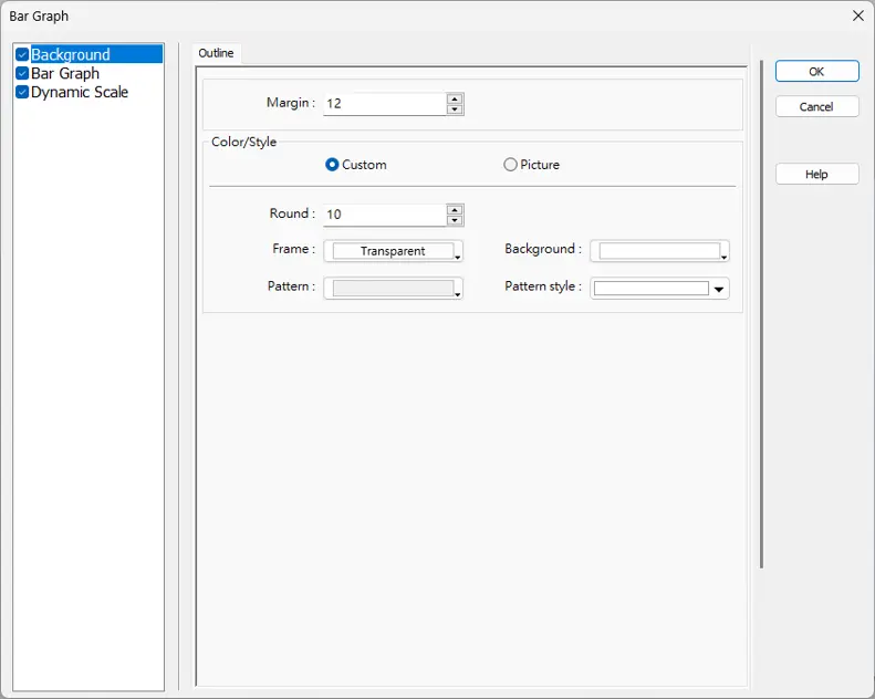 Bar Graph Object, Background settings EBPro Bar Graph Object outline settings showing custom background styling options, including margin, corner radius, frame color, background color, and pattern configuration.
