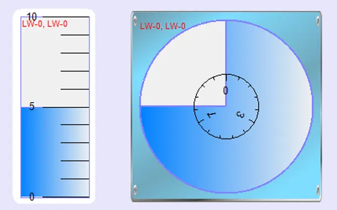 Bar Graph configured with Background and Dynamic Scale Example vertical and circular bar graph displays showing dynamic scale values from 0 to 10, with the current value at 5 and scale labels linked to Local HMI registers. Circular bar graph features a custom background as well.