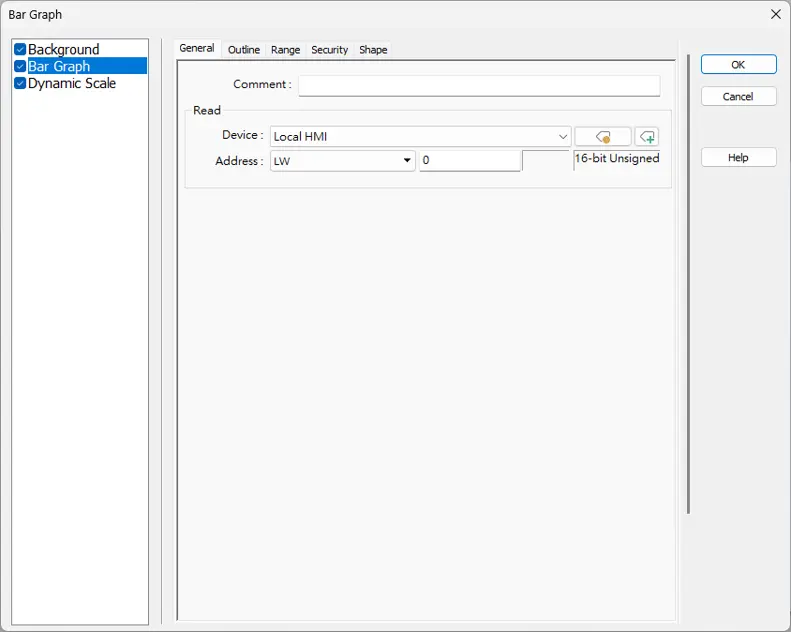 Bar Graph Object - General tab EBPro Bar Graph Object configuration window showing a Local HMI data source linked to register LW0 with a 16-bit unsigned data format.