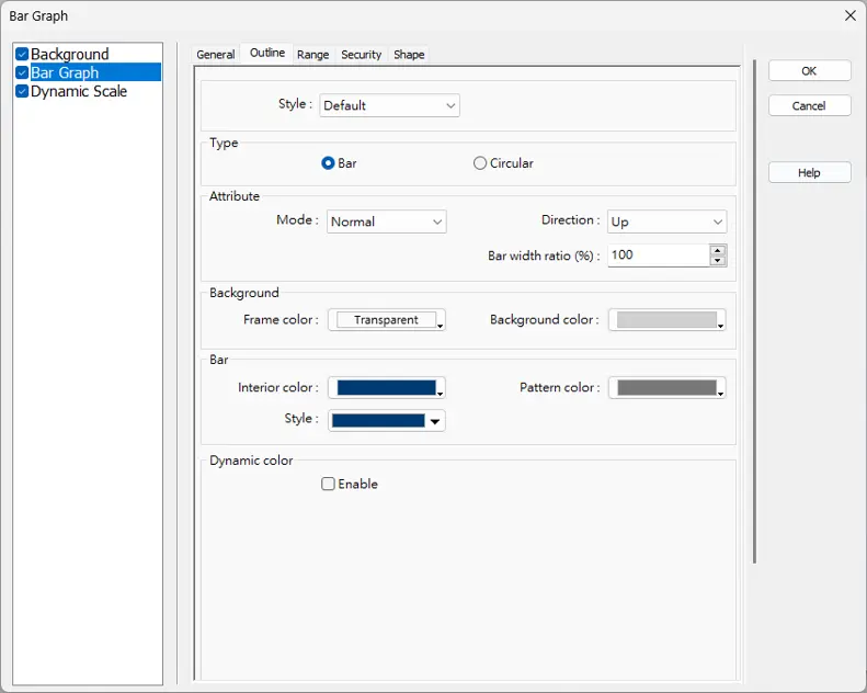 Bar graph Object, Outline Tab EBPro Bar Graph Object appearance settings showing a vertical bar graph configured in Normal mode with upward direction, customizable colors, bar width ratio, and optional dynamic color settings.