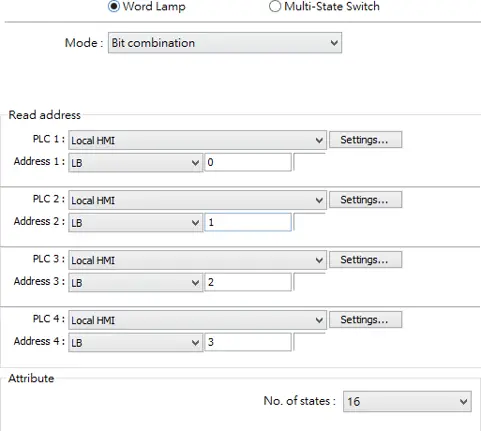 Configuration dialog for a Word Lamp or Multi-State Switch object with Bit combination mode selected. The Read address section defines four PLC bit inputs from the Local HMI: PLC 1 uses address LB0, PLC 2 uses LB1, PLC 3 uses LB2, and PLC 4 uses LB3, each with a corresponding Settings button. The Attribute section is configured for 16 states, allowing the object to display different states based on combinations of the four input bits.