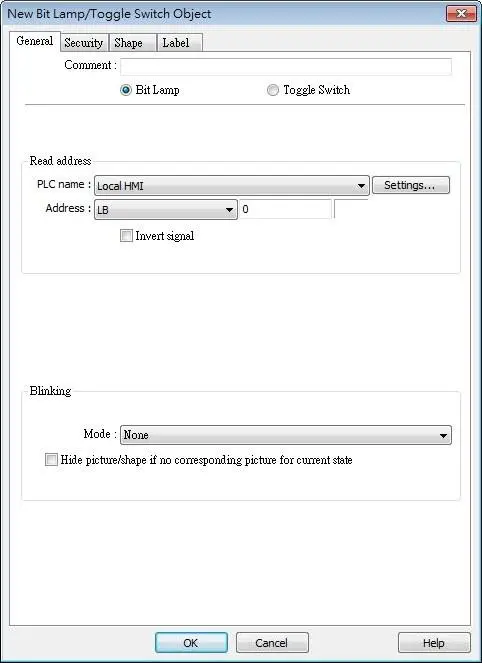 EBPro Bit Lamp Object, General tab. This is the tab where you can configure the object properties such as read address and blinking mode.