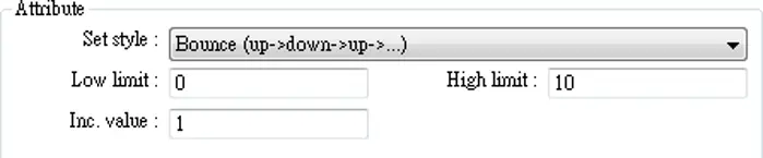 Set Word Object Attribute section showing Set Style configured to Bounce (up->down->up->...), with a Low limit of 0, a High limit of 10, and an Increment value of 1.