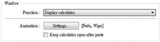 Function Key configuration screen showing the Display calculator option with Animation settings and a Keep calculator open after paste checkbox.