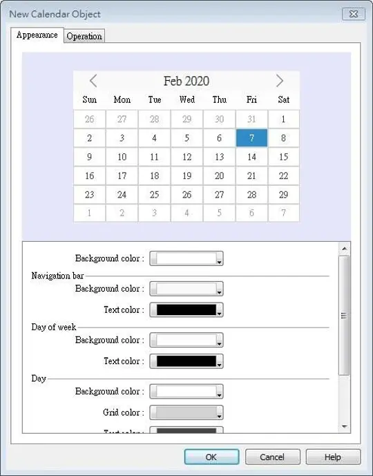EBPro Calendar Object Appearance settings showing a monthly calendar preview with configurable colors for the background, navigation bar, days of the week, dates, grid lines, and text display.