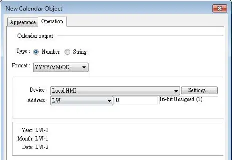 EBPro Calendar Object Operation settings showing date output configuration, with YYYY/MM/DD format selected and year, month, and date values mapped to Local HMI registers LW-0, LW-1, and LW-2.