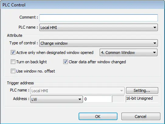 EBPro PLC Control Object configuration window showing a Change Window control triggered by Local HMI register LW0, configured to operate only when a designated common window is open and to clear data after the window changes.