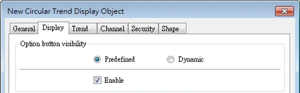 EBPro Circular Trend Display Object settings showing option button visibility configuration, with predefined visibility selected and the option button enabled.