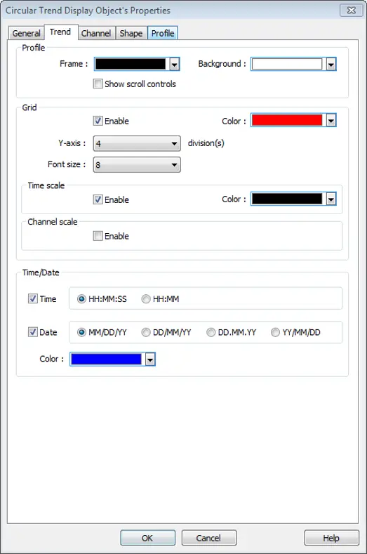 EBPro Circular Trend Display Profile settings showing configurable frame and background colors, grid and time scale options, date/time display formats, channel scale settings, and scroll control visibility.
