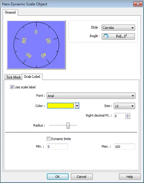 New Dynamic Scale Object dialog configured for a circular scale, showing font, color, size, decimal point, and radius settings used to position scale labels around the circular scale.