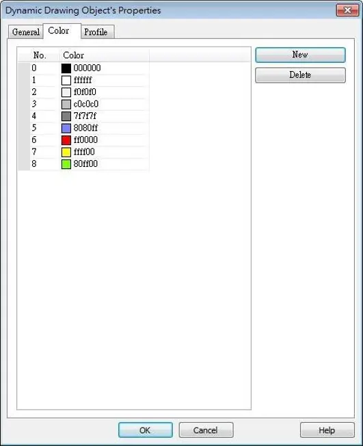 Dynamic Drawing Object Properties window showing the Color tab, with a list of predefined color entries and corresponding hexadecimal color values used by dynamic drawing objects.