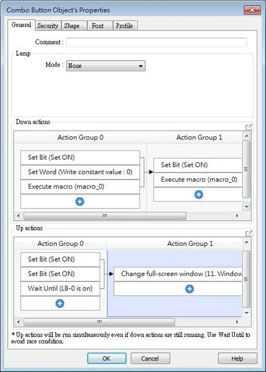 Combo Button General Tab - cMT and cMT X Series EBPro Combo Button Object configuration window showing multiple down and up action groups, including bit operations, word writes, macro execution, wait conditions, and a full-screen window change action.