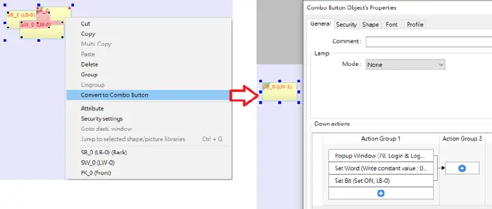 Selecting multiple objects and then converting Example of converting overlapping objects into a Combo Button using the right-click context menu. The selected overlapping objects are shown on the left, the Convert to Combo Button option is highlighted, and the resulting Combo Button with its merged action groups is displayed in the properties window on the right.