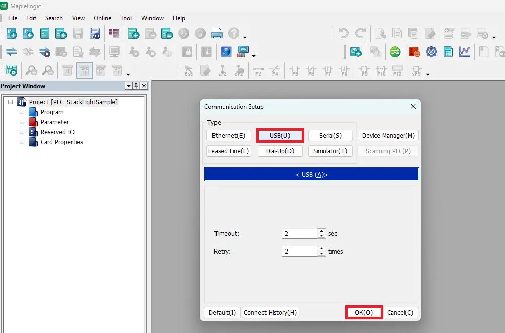 communication setup and choosing usb to download ethernet settings to the plc