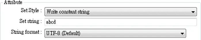 Set Word Object Attribute section showing Set Style configured to Write constant string, with the string value "abcd" and UTF-8 (Default) selected as the string format.