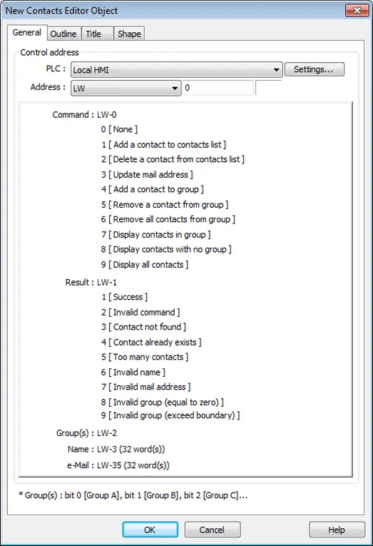 Contacts Editor Object, General tab EBPro Contacts Editor Object configuration window showing Local HMI register mappings for contact management commands, results, group assignments, contact names, and email addresses.