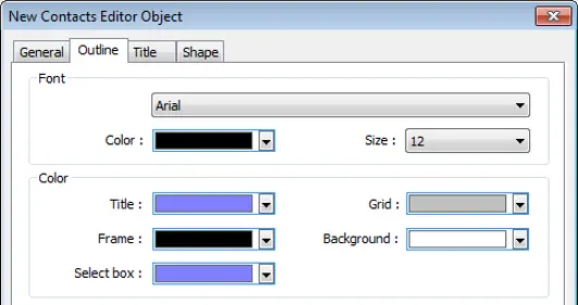 Contacts Editor, Outline tab EBPro Contacts Editor Object appearance settings showing configurable font, text color, title color, grid color, frame color, background color, and selection box color options.