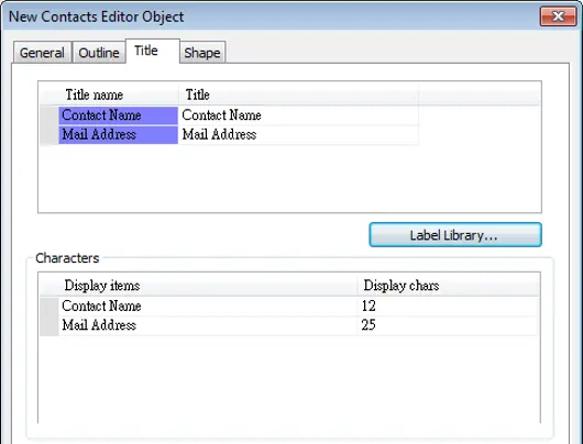 Contacts Editor, Title tab EBPro Contacts Editor Object title settings showing customizable column headings for Contact Name and Mail Address, along with configurable character display limits for each field.