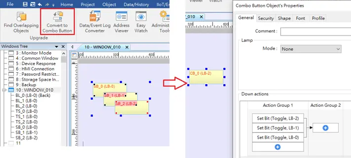 Convert to Combo Button in EBPro Tool menu Example showing multiple overlapping Set Bit objects being converted into a single Combo Button. The left side highlights the selected overlapping objects and the Convert to Combo Button command, while the right side shows the resulting Combo Button with the merged actions listed in its properties.