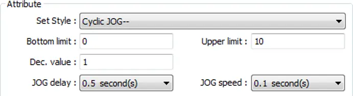 Set Word Object Attribute section showing Set Style configured to Cyclic JOG--, with a Bottom limit of 0, an Upper limit of 10, a Decrement value of 1, a JOG delay of 0.5 seconds, and a JOG speed of 0.1 seconds.