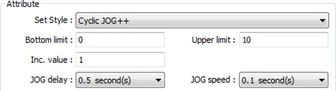 Set Word Object Attribute section showing Set Style configured to Cyclic JOG++, with a Bottom limit of 0, an Upper limit of 10, an Increment value of 1, a JOG delay of 0.5 seconds, and a JOG speed of 0.1 seconds.