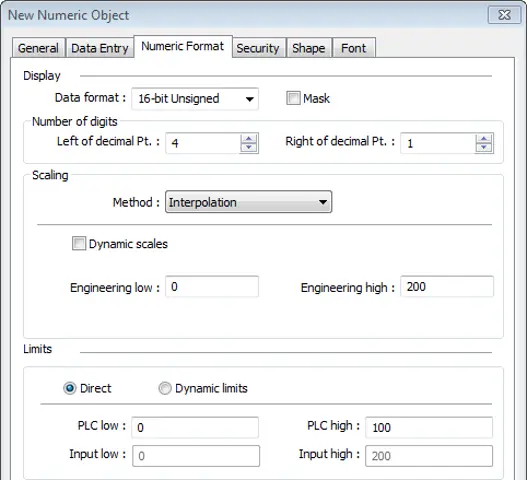 EBPro Numeric Object settings showing a 16-bit unsigned data format with one decimal place, interpolation scaling enabled, engineering range of 0–200 mapped to a PLC range of 0–100, and direct input limits configured.