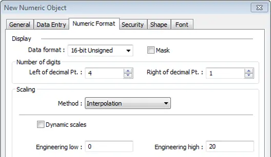 EBPro Numeric Object settings showing interpolation scaling enabled with an engineering range of 0–20, using a 16-bit unsigned format with one decimal place.