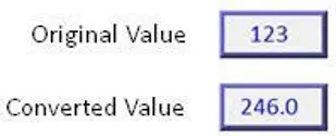 EBPro simulation window showing when entering a value of 123, the numeric object which has the interpolation settings configured as above displays 246.0 instead of 24.6