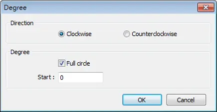 Direction/Degree configuration dialog for a circular bar graph, showing Clockwise and Counterclockwise options, a Full circle checkbox, and a Start degree field.