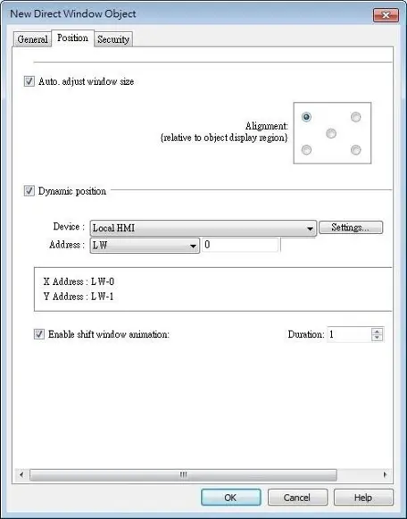 EBPro Direct Window Object position settings showing automatic window sizing, dynamic positioning based on Local HMI registers LW0 and LW1, alignment options, and shift window animation settings.