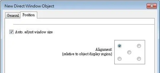 EBPro Direct Window Object Position settings showing automatic window sizing and selectable window alignment relative to the object's display region.