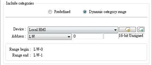 Configuration dialog for Event Bar Chart category selection, showing options for Predefined or Dynamic category range with device and address fields used to define the event category display range.