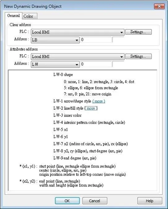 EBPro Dynamic Drawing Object configuration window showing Local HMI control addresses for clearing and drawing shapes, with register mappings used to define shape type, style, color, pattern, and drawing coordinates dynamically.