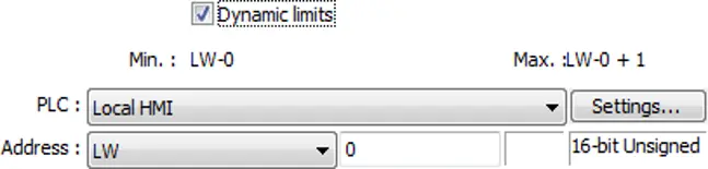 Dynamic limits settings showing PLC and address fields used to assign designated registers for the minimum and maximum scale label values.