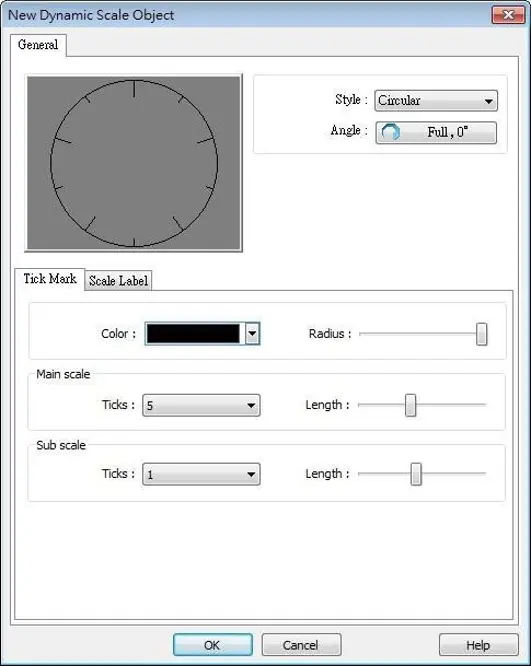 Dynamic Scale Object configuration window showing a circular scale layout with customizable tick marks, scale labels, radius, tick count, and tick length settings for main and sub scales.