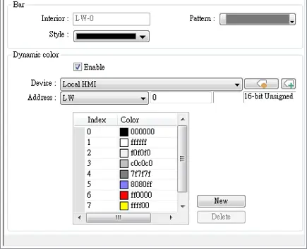 Dynamic color settings window showing a value-to-color mapping table used to change bar graph colors based on the value of a designated register.