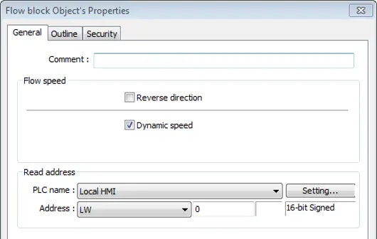 Flow Block Object Properties window showing dynamic flow speed configuration, including reverse direction, dynamic speed control, and a PLC address used to determine animation speed at runtime.