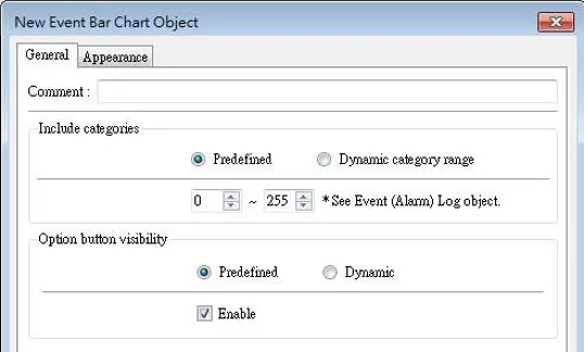 Event Bar Chart Object, General Tab EBPro Event Bar Chart Object configuration window showing category selection options, predefined or dynamic category ranges, and configurable visibility settings for chart option buttons.