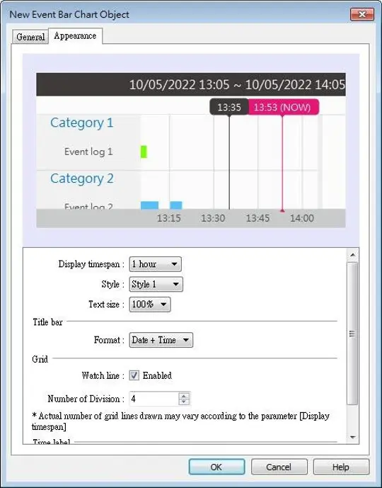 Event Bar Chart Object, Appearance Tab EBPro Event Bar Chart Object appearance settings showing a timeline-based chart of alarm events by category, with configurable display timespan, chart style, text size, date/time format, and grid settings.