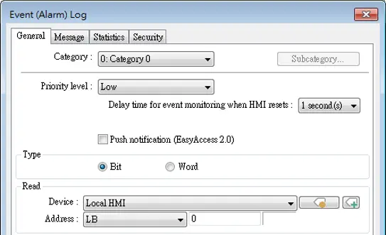 Event Log Object, General Tab EBPro Event (Alarm) Log General settings showing alarm category selection, priority level, event monitoring delay, push notification options, and a Local HMI bit address configured as the alarm trigger source.