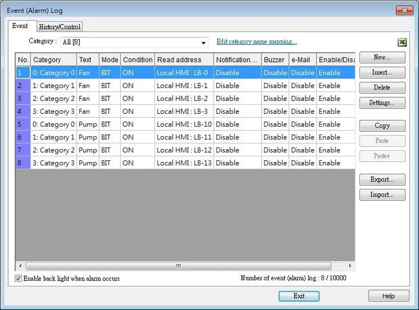 Event Log with several events created EBPro Event (Alarm) Log configuration window showing multiple alarm events organized by category, with trigger conditions linked to Local HMI bit addresses and options for notifications, buzzers, e-mail alerts, and alarm enable/disable settings.