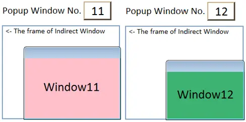 Illustration of the corresponding popup window being shown on the screen based on the value of LW-0. Value of 11 in the register, Window 11 is displayed. Value of 12 in the register, Window 12 is displayed.