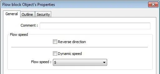 Flow Block Object Properties window showing flow animation settings, including reverse direction, dynamic speed control, and configurable flow speed values.