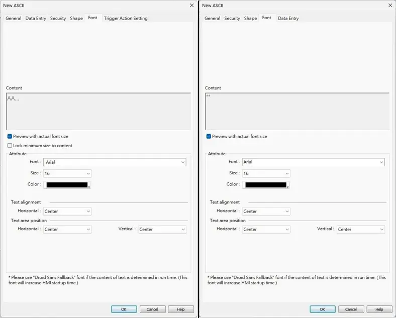 Comparison of two EBPro ASCII Object Font settings windows showing text content preview, font configuration options, text alignment settings, and text area positioning controls.