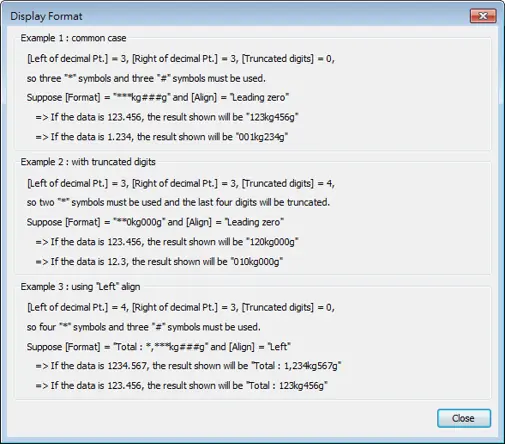 EBPro Display Format help window showing examples of decimal formatting, truncated digits, leading-zero alignment, and left-aligned numeric display formats.