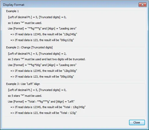 EBPro Display Format help window showing examples of custom numeric formatting, truncated digits, and text alignment options.