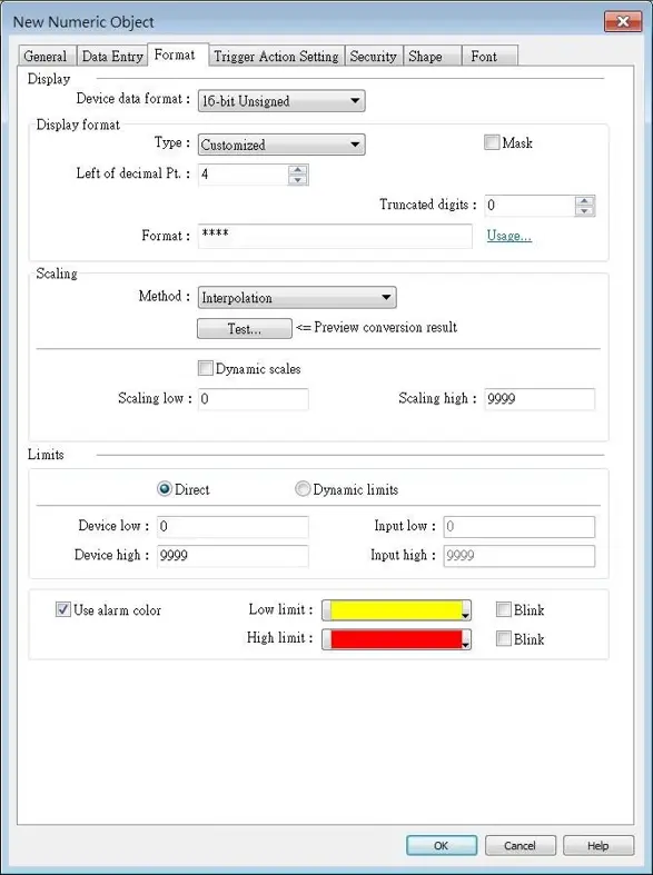 EBPro Numeric Object Format settings showing a customized 4-digit display format, interpolation scaling method, direct input limits from 0 to 9999, and alarm color thresholds with yellow low-limit and red high-limit indicators.