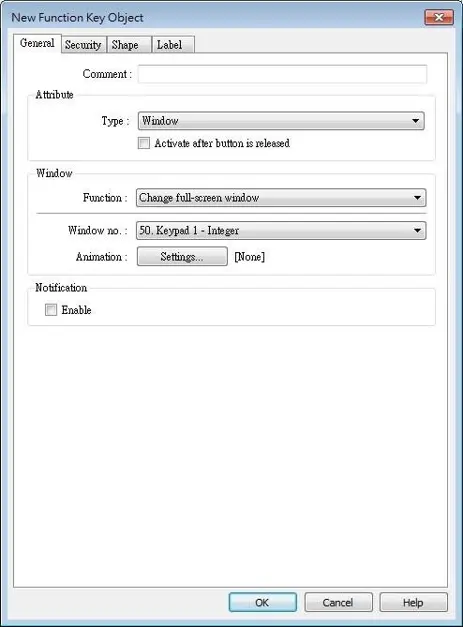 Function Key, General Tab EBPro Function Key Object configuration window showing a button configured to open a full-screen keypad window (Window 50: Keypad 1 - Integer) when activated.