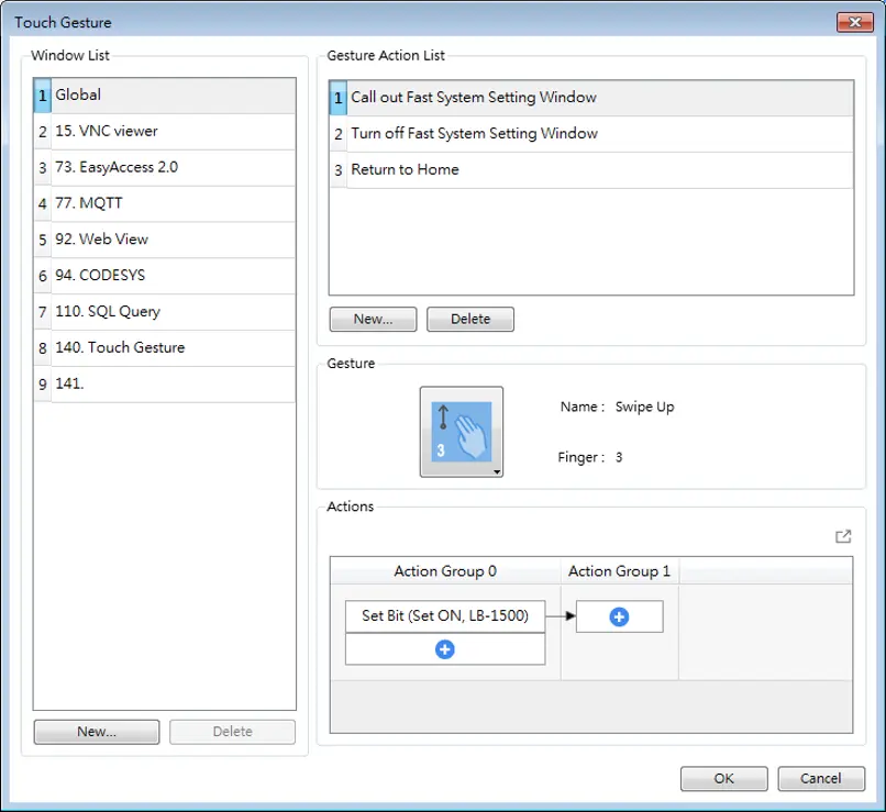 Touch Gesture Object Settings Window EBPro Touch Gesture configuration window showing gesture actions assigned to project windows, including a three-finger swipe up gesture configured to trigger a Local HMI bit and execute associated action groups.