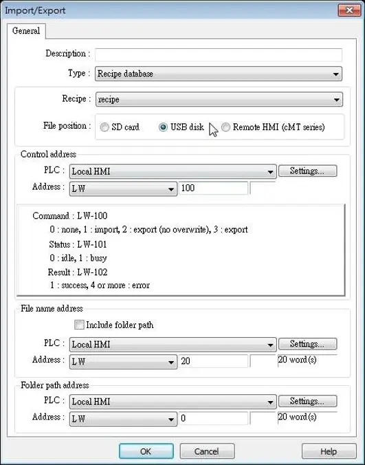 Import/Export Object, General tab EBPro Import/Export settings window showing Recipe Database transfer configuration, with data stored on a USB disk and control, status, result, file name, and folder path registers mapped to Local HMI addresses.
